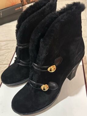 Coach Black Suede Fur-Trim Ankle Platform Heel Boots with Gold Accents